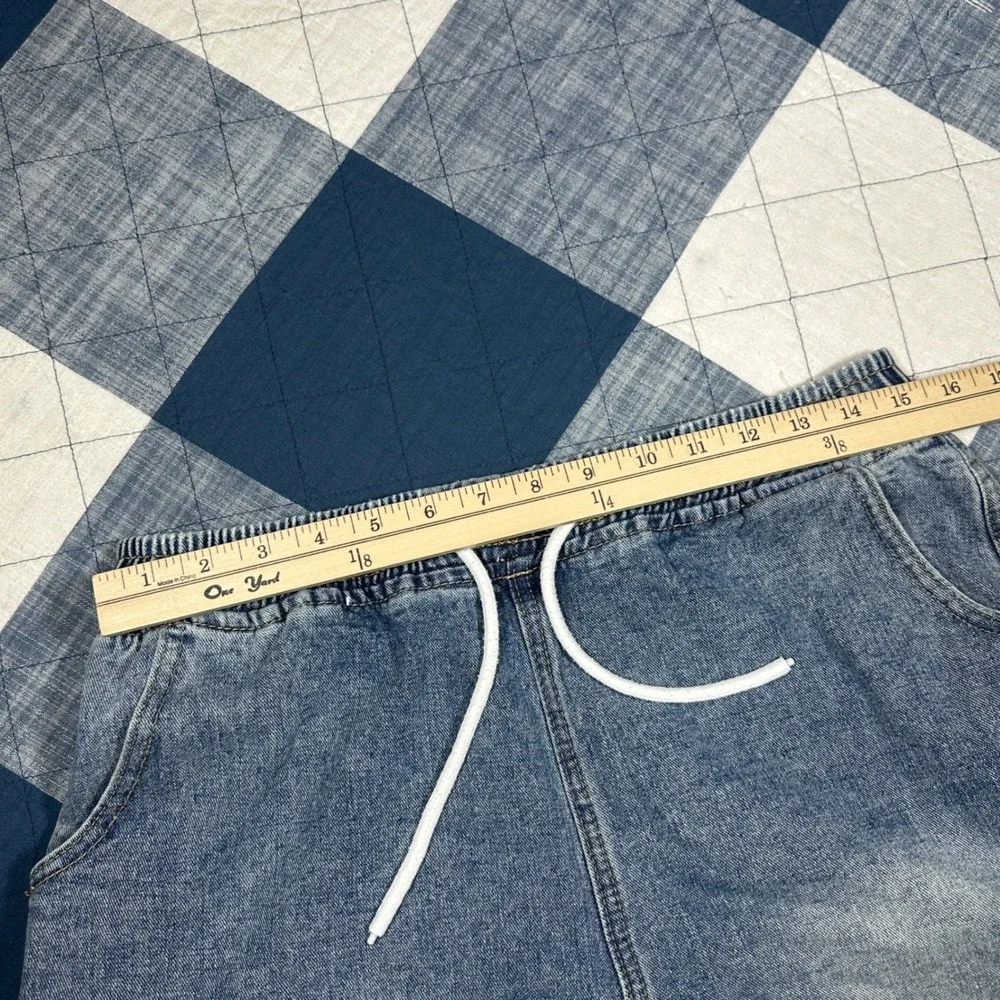 Faded Mens Cargo Baggy Denim Shorts Medium Wash Elastic Waist Drawstring Size M